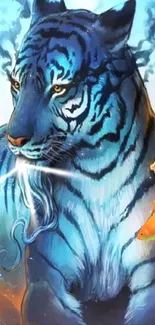 Blue tiger with fish mobile wallpaper art