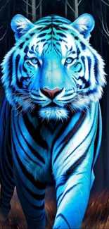 Blue tiger art in a forest, vibrant wallpaper.