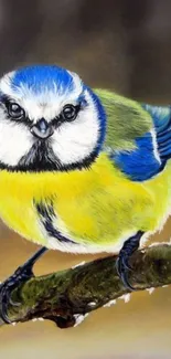 Vibrant blue tit perched on a branch with a blurred background.