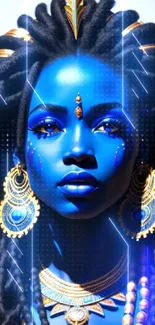 Vibrant blue tribal woman with gold jewelry and face paint.