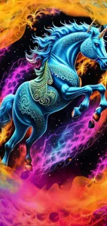 Blue unicorn in colorful cosmic art wallpaper.