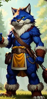 Blue warrior cat standing in a forest, holding a scroll.