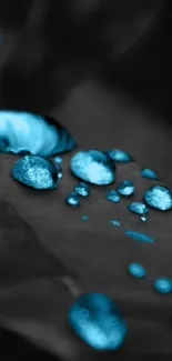 Close-up of vibrant blue water droplets on a dark surface, creating a striking contrast.