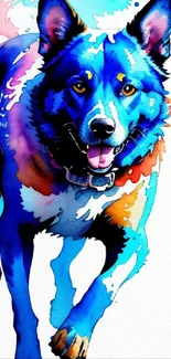 Vibrant blue watercolor dog art with colorful accents.