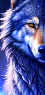 Majestic blue wolf digital art in vibrant colors.