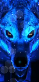 A vibrant blue wolf illuminated against a dark background, creating a striking digital art effect.