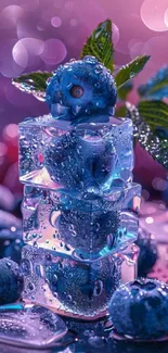 Blueberries encased in ice cubes with a vibrant background.