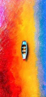 A colorful aerial view of a boat on a vibrant, rainbow-hued river.