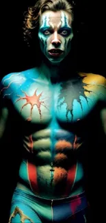 Vibrant body art with colorful paint design on person in dark setting.