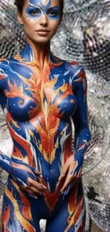 Vibrant fiery body paint on person against artistic backdrop.