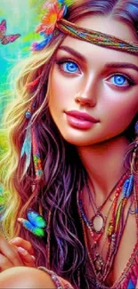 Fantasy character with blue eyes in vibrant art.