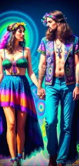 Vibrant bohemian couple with psychedelic patterns and vivid colors.