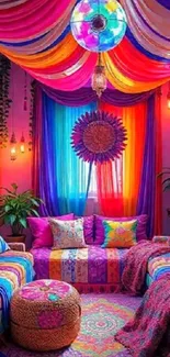 Vibrant bohemian living room with colorful decor.