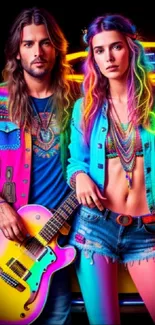 Colorful bohemian duo with vibrant music vibes.