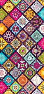 Vibrant bohemian pattern with colorful geometric and floral designs.