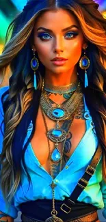 Boho-style portrait with vibrant colors and intricate jewelry.