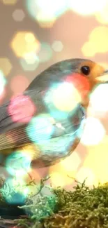 Bird with bokeh lights creating a vibrant, artistic mobile wallpaper.