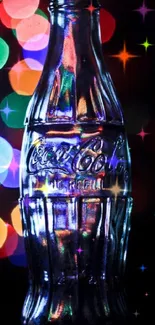 Classic glass bottle with vibrant bokeh lights on black background.