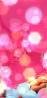 Vibrant phone wallpaper with pink bokeh and hidden bunny.