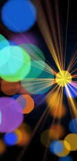 Abstract bokeh burst with colorful circles on a dark background.