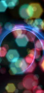 Mobile wallpaper with vibrant bokeh lights in circular design and hexagonal shapes.