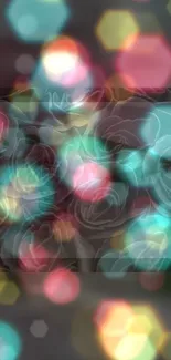 Colorful bokeh floral wallpaper with glowing hexagon shapes on a dark background.