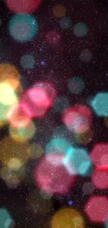 Vibrant bokeh hexagon wallpaper with colorful galaxy-inspired background.