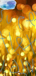 Vibrant bokeh background with colored doodles in gold tones.