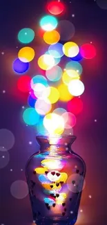 Glass vase emitting vibrant bokeh lights with dominant purple hues.