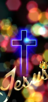 Vibrant Jesus cross with colorful bokeh effects on a black background.