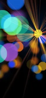 Vibrant bokeh light burst wallpaper with colorful circles on a dark background.