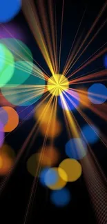 Vibrant bokeh and colorful light orbs on a dark background.