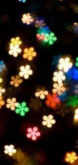 Mobile wallpaper with colorful bokeh lights in flower shapes.