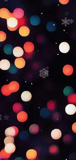 Vibrant bokeh lights with snowflake accents, perfect for festive mobile wallpaper.