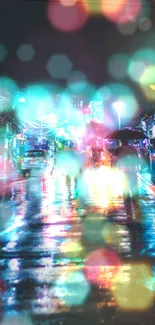 Vibrant bokeh effect on a rainy night street with neon lights and reflections.