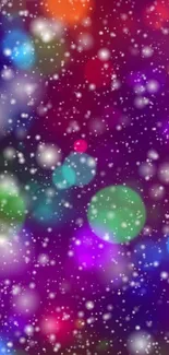 Colorful bokeh and snowflakes mobile wallpaper with a vibrant purple background.