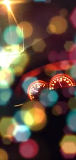 Colorful bokeh lights surround a vehicle speedometer.