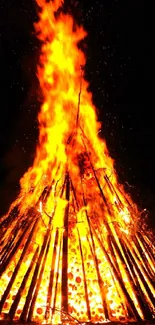 Vibrant bonfire blazing against night sky.