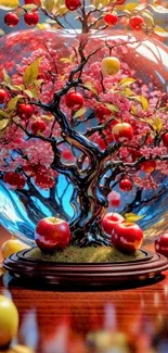 Bonsai tree in glass sphere with apples, vibrant artwork.