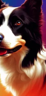 Vibrant dog portrait on colorful gradient background.