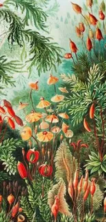 Detailed botanical art with vibrant plants and flowers in green and red hues.