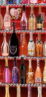 Colorful bottles on a red shelf wallpaper.