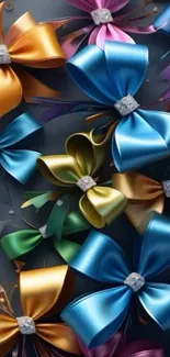 Colorful satin bows on a dark background.