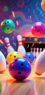 Vibrant bowling scene with colorful pins and balls.