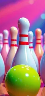 Colorful bowling pins with vibrant background.