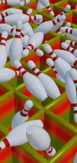 Dynamic pattern of bowling pins in a colorful grid.