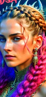 A vibrant, colorful portrait of a woman with pink braided hair and a crown.