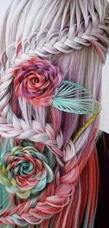 Colorful braided hair with floral designs.