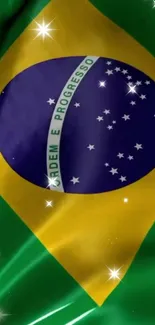 Vibrant Brazilian flag wallpaper with sparkling stars.