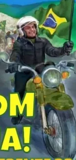 Motorcycle ride with Brazilian flag and vibrant text.